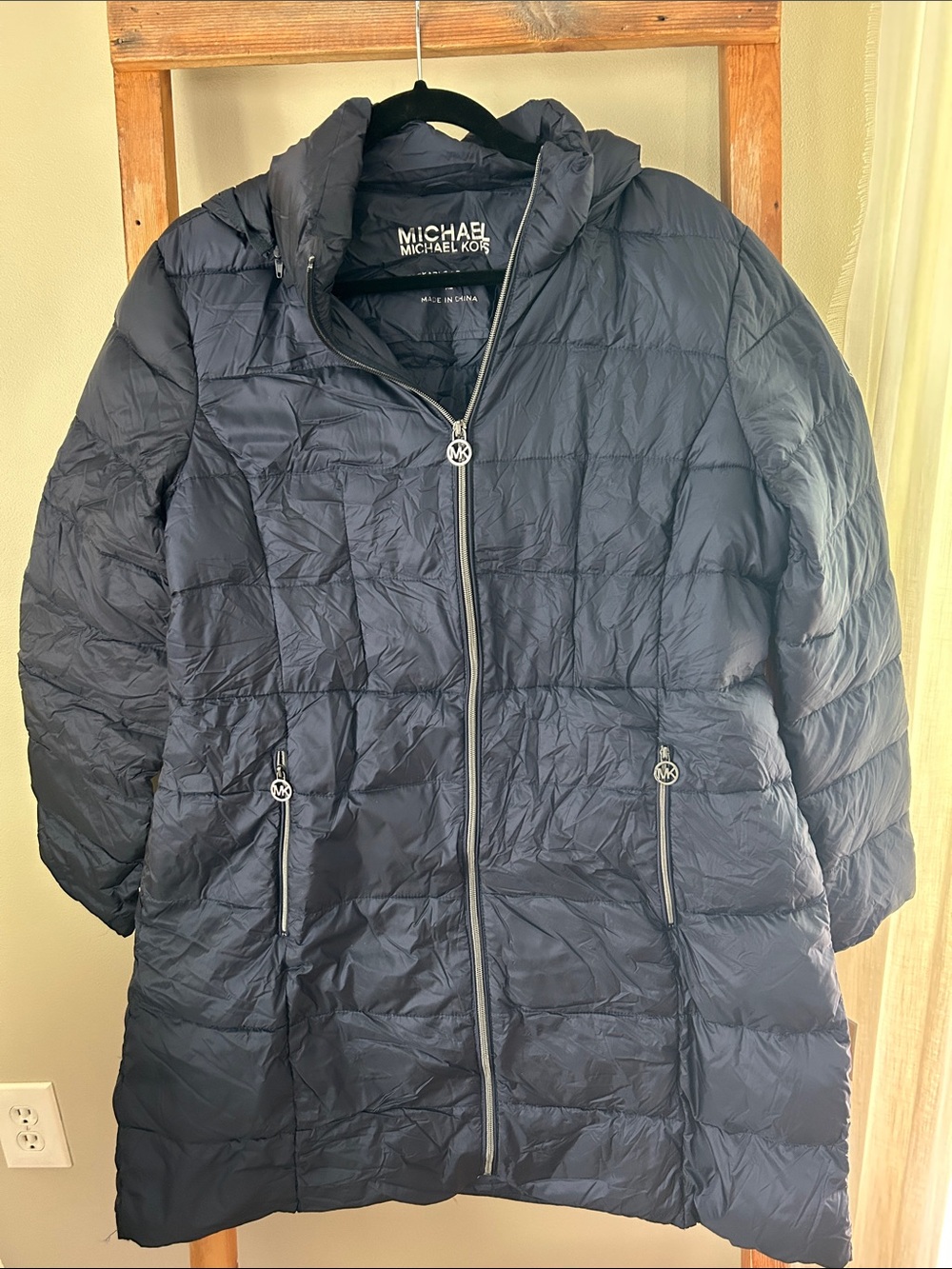 Michael Kors navy blue FULL LENGTH packable down jacket- new with tags